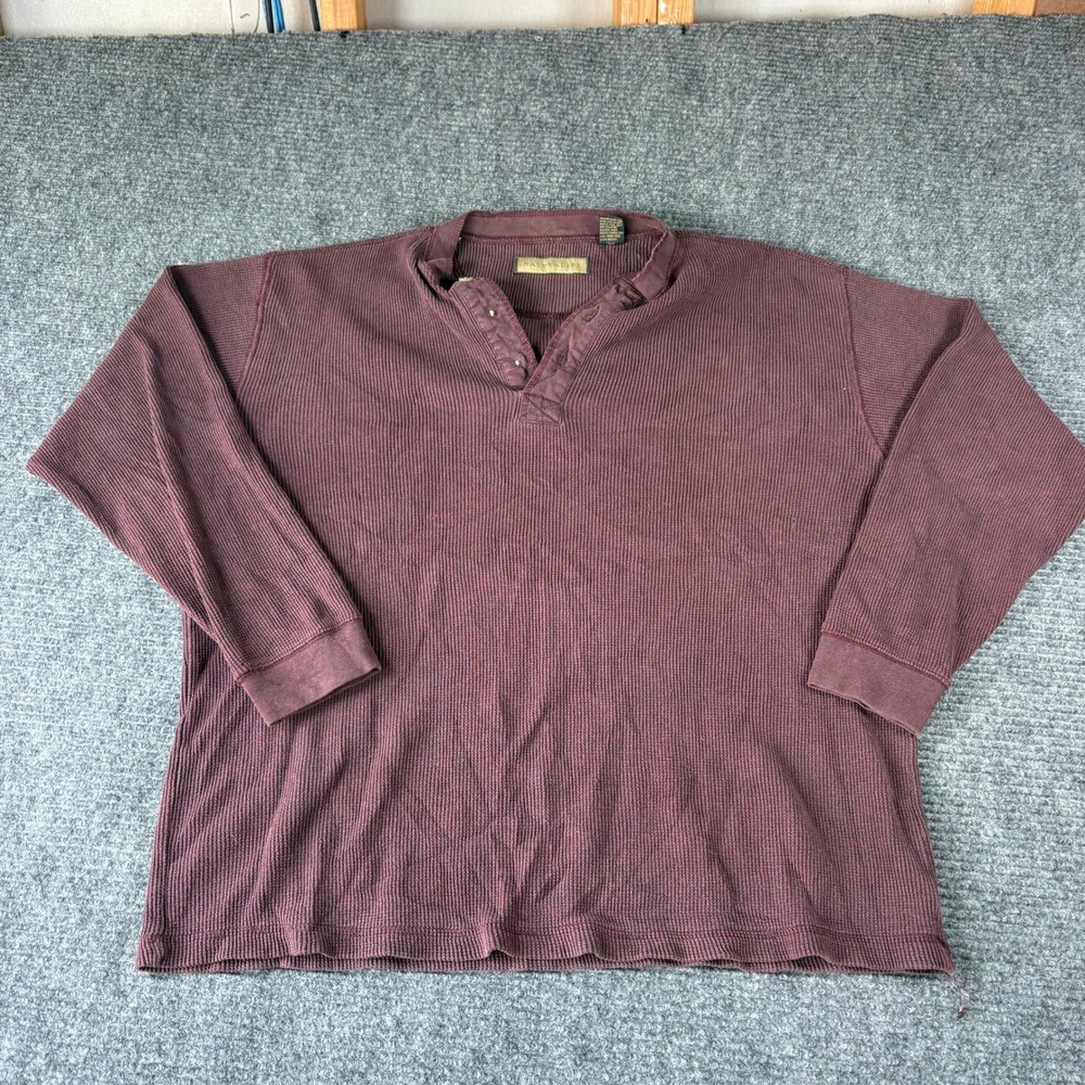 Naturalife Mens Henley Shirt Large Burgundy Waffle Knit Thermal Long Sleeve